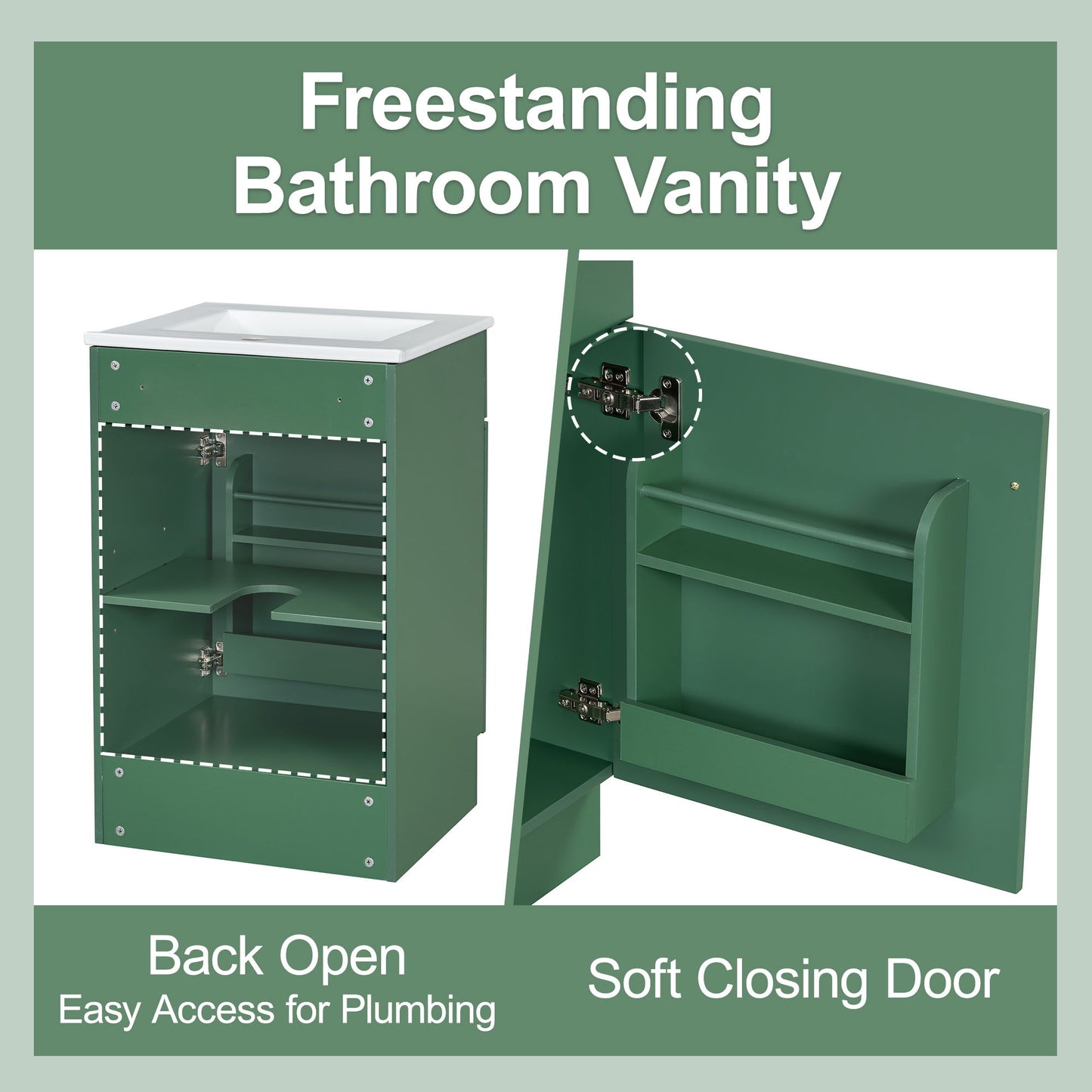 20" Bathroom Vanity With Sink, Freestanding Cabinet With Door Shelf And Adjustable Shelf, And Ceramic Construction - Green