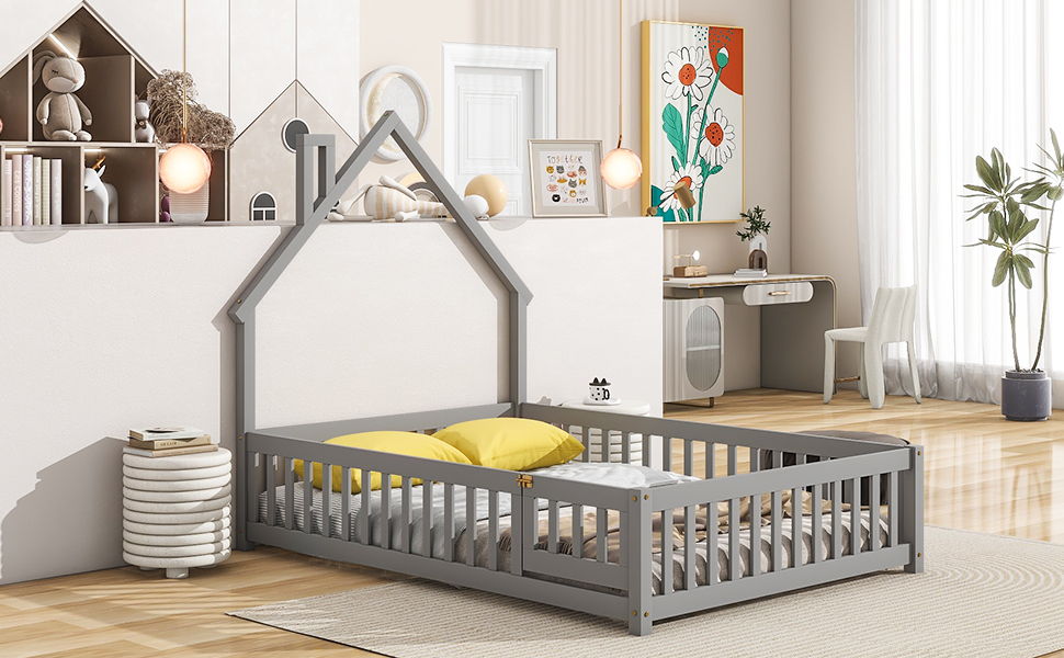 Full House-Shaped Headboard Floor Bed With Fence - Gray