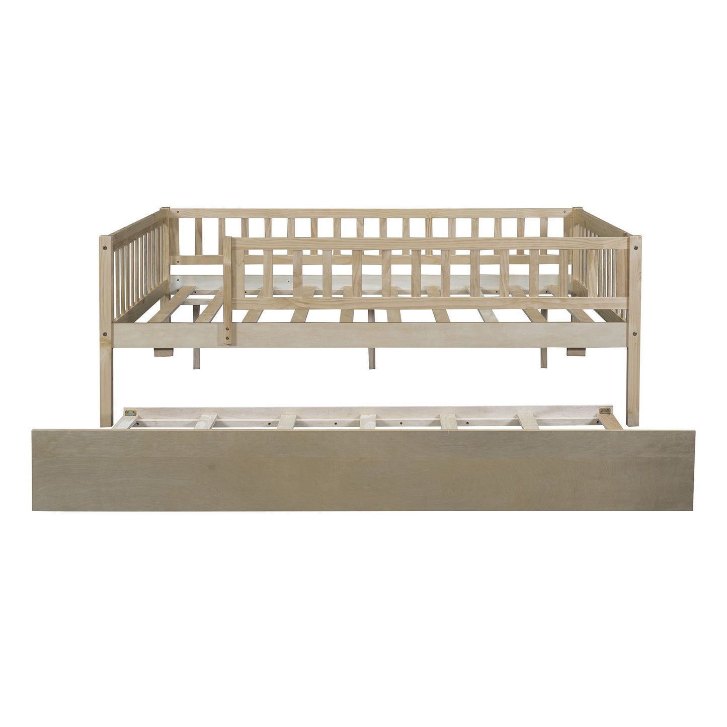 Full Size Daybed With Trundle And Fence Guardrails - Natural