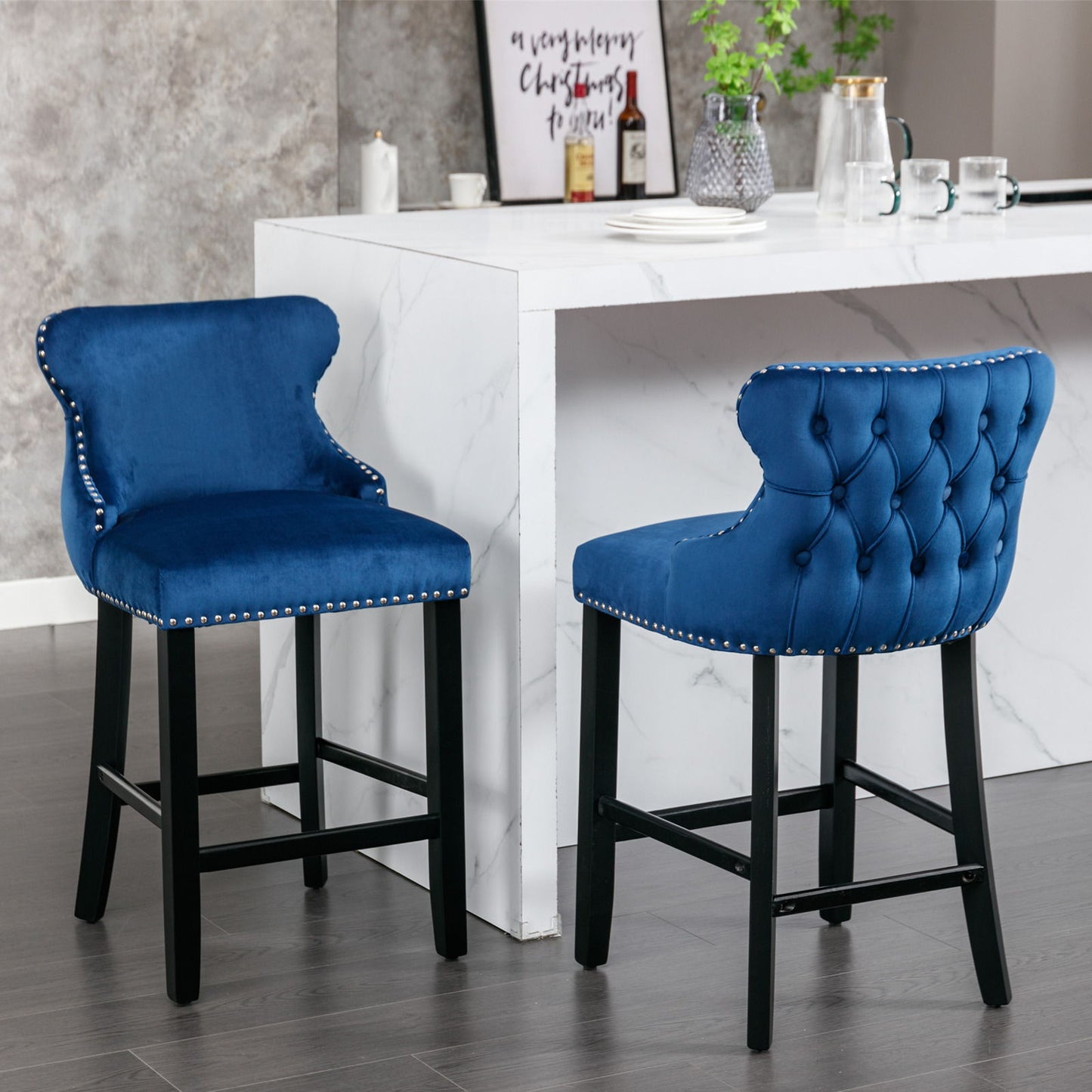 Contemporary Velvet Upholstered Wing-Back Barstools With Button Tufted Decoration And Wooden Legs, And Chrome Nailhead Trim, Leisure Style Bar Chairs, Bar Stools (Set of 4) - Blue