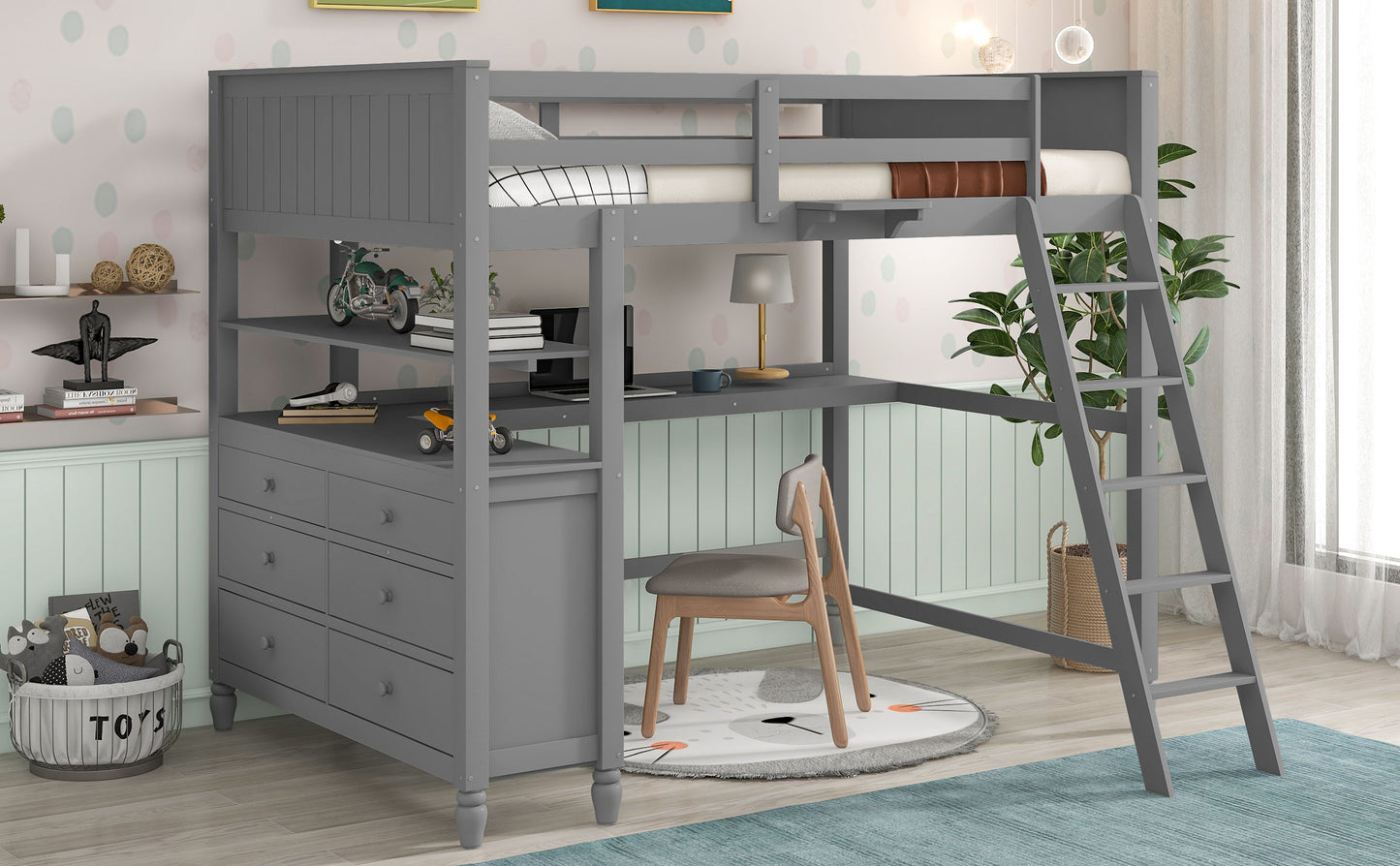 Full Size Loft Bed With Drawers And Desk With Shelves - Gray