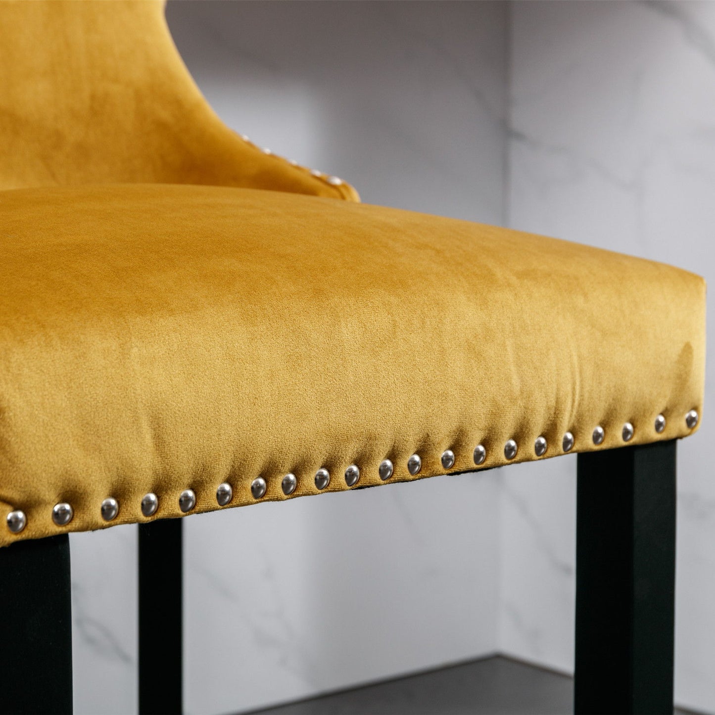 Contemporary Velvet Upholstered Wing-Back Barstools With Button Tufted Decoration And Wooden Legs, And Chrome Nailhead Trim, Leisure Style Bar Chairs, Bar Stools (Set of 4) - Gold