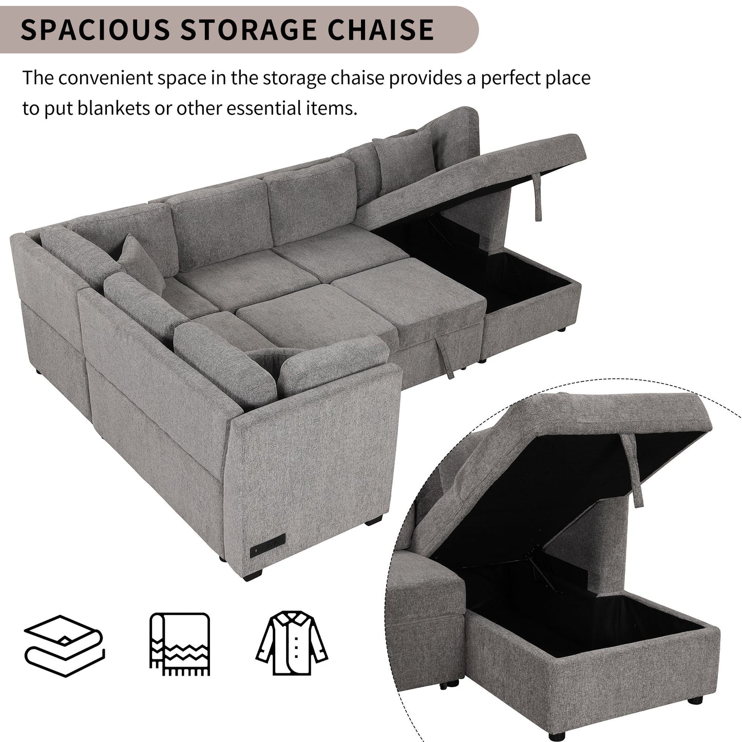 U-Shaped Sectional Sofa Pull Out Sofa Bed With Two USB Ports, Two Power Sockets, Three Back Pillows And A Storage Chaise For Living Room - Light Gray