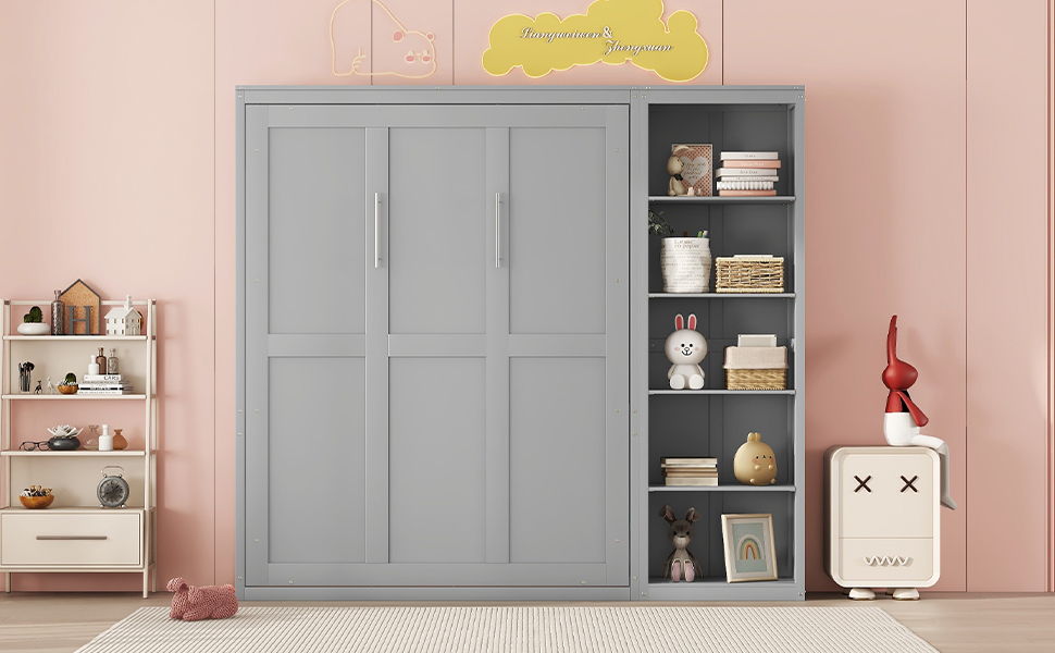 Full Size Murphy Wall Bed With Shelves - Gray