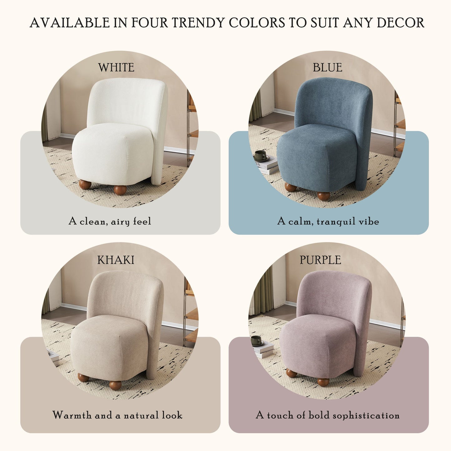 Modern Low Back Accent Chair, Upholstered Armless Living Room Chairs, Round Pine Wood Feet, For Small Living Spaces, Living Room - White