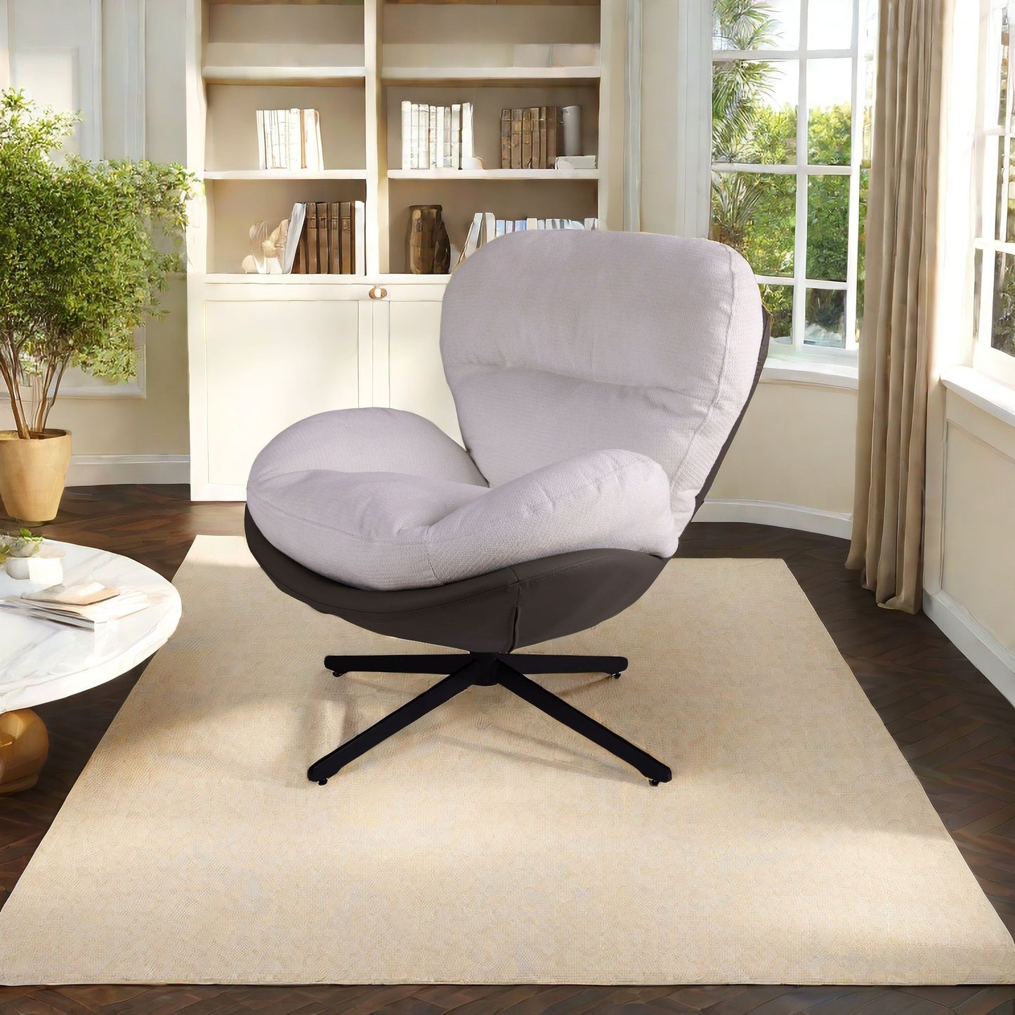 360ÔøΩÔøΩ Swivel Office Chair, Modern Chenille Chair With And Metal Base Frame, No Wheels, Accent Chair - White