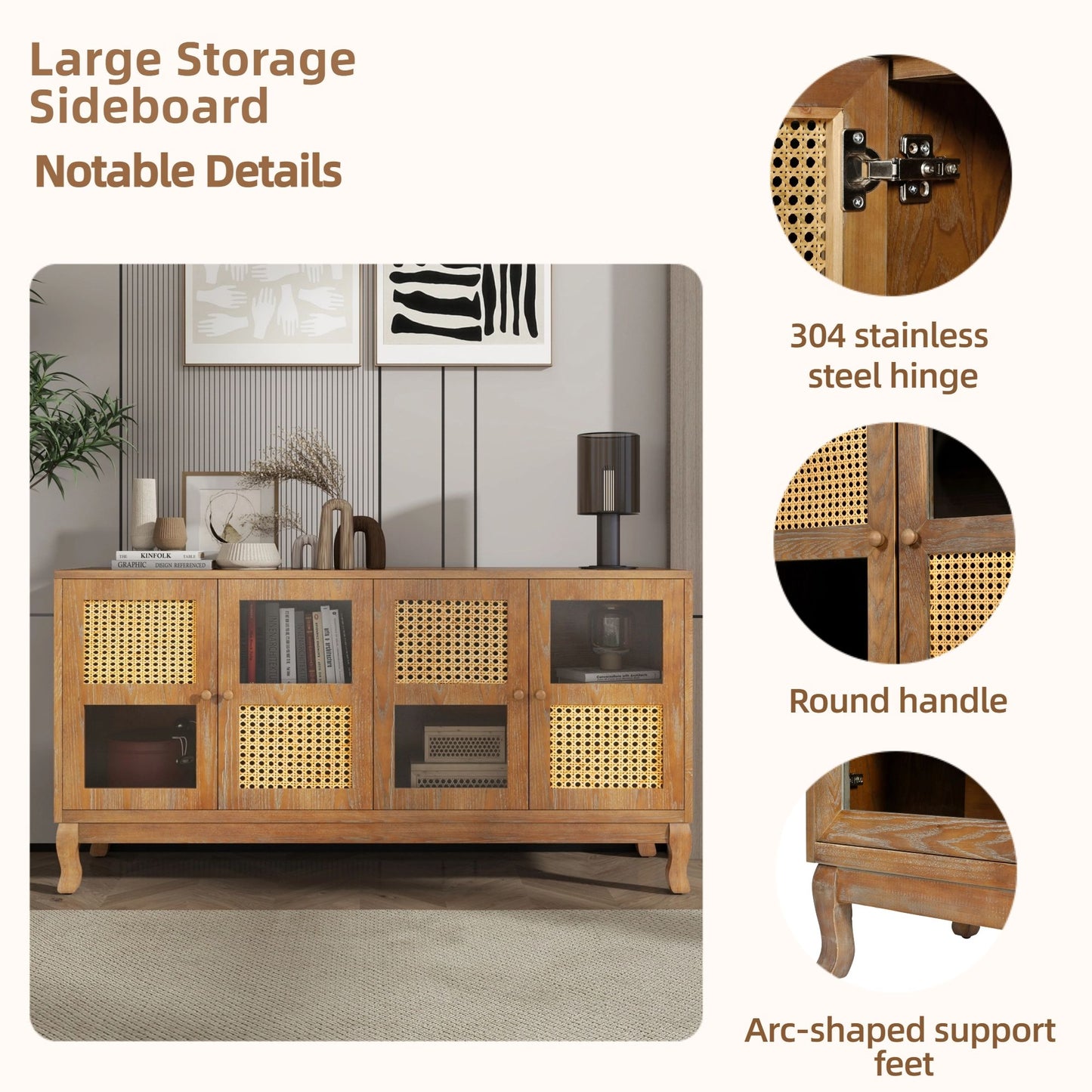Retro 4 Door Sideboard With Large Storage Space, Artificial Rattan Doors - Transparent Glass - Antique Brown