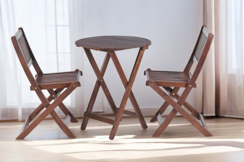3 Piece Acacia Bistro Set, Folding Patio Furniture For Garden Backyard Balcony Porch With 1 Coffee Table And 2 Foldable Chairs - Natural Stained