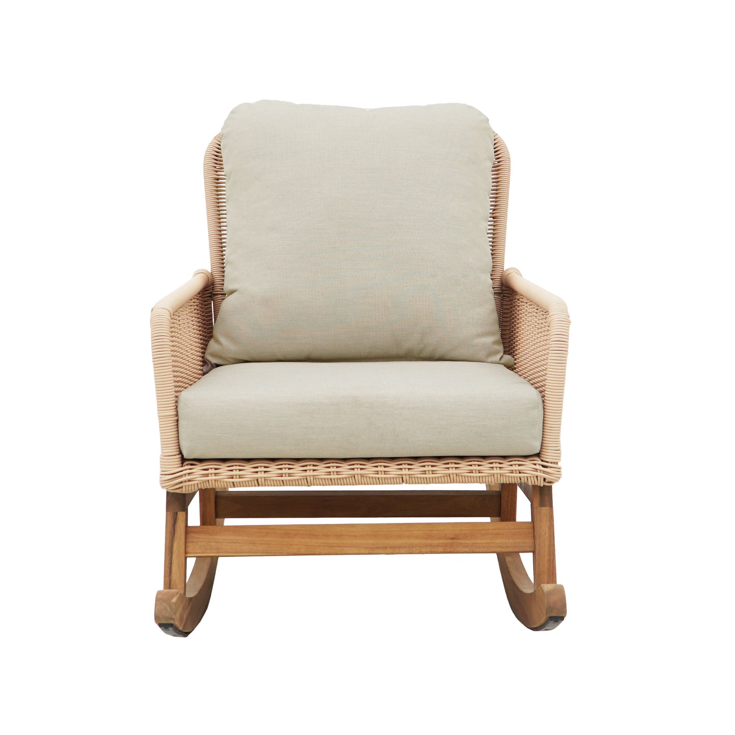Contemporary Minimalist Wicker Rocking Chair With Soft Polyester Cushions And Wooden Frame - Beige
