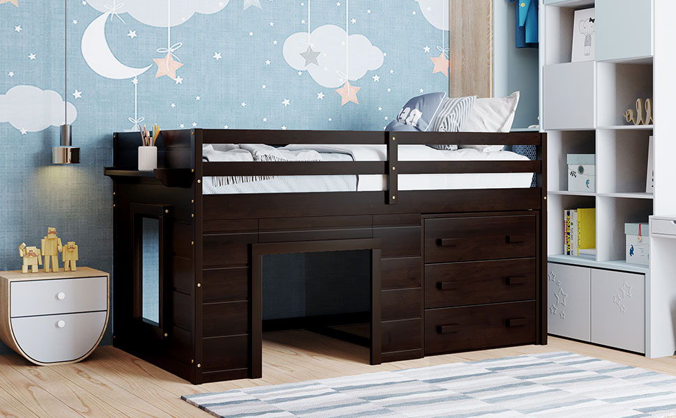 Twin Size Loft Bed With Cabinet And Shelf - Espresso