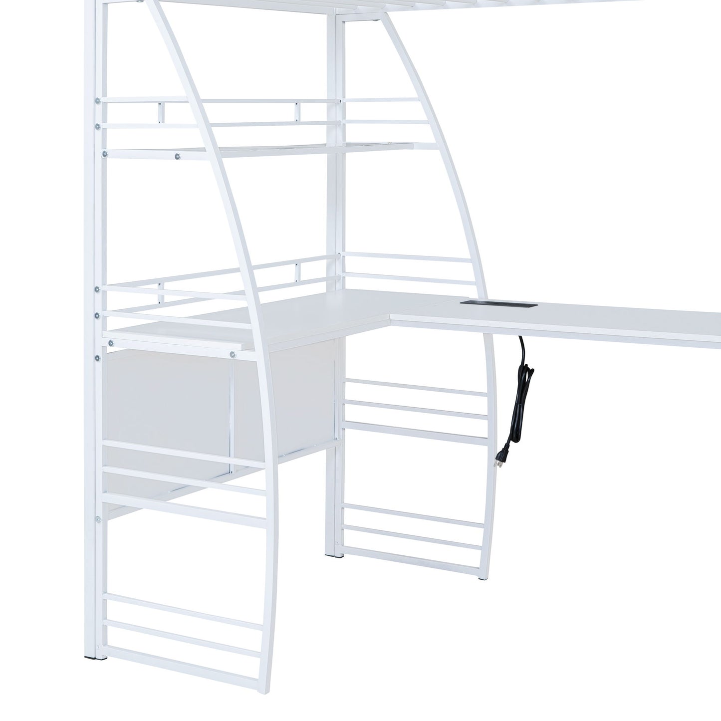 Twin Size Loft Bed With 4 Layers Of Shelves And L-Shaped Desk, Stylish Frame With A Set Of Sockets, USB Ports And And Wireless Charging - White
