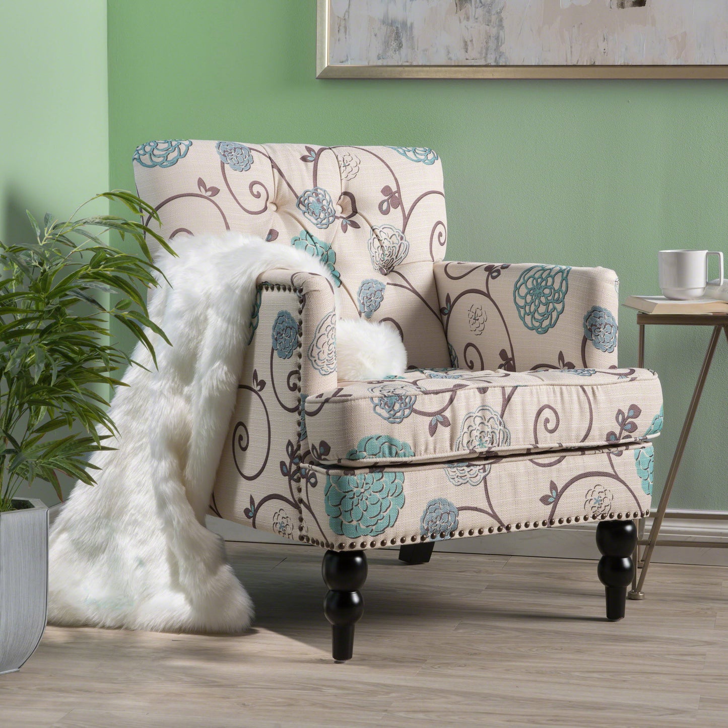 Vitality - Club Chair With Button Tufted Diamond Stitching And Turned Legs - Blue / White