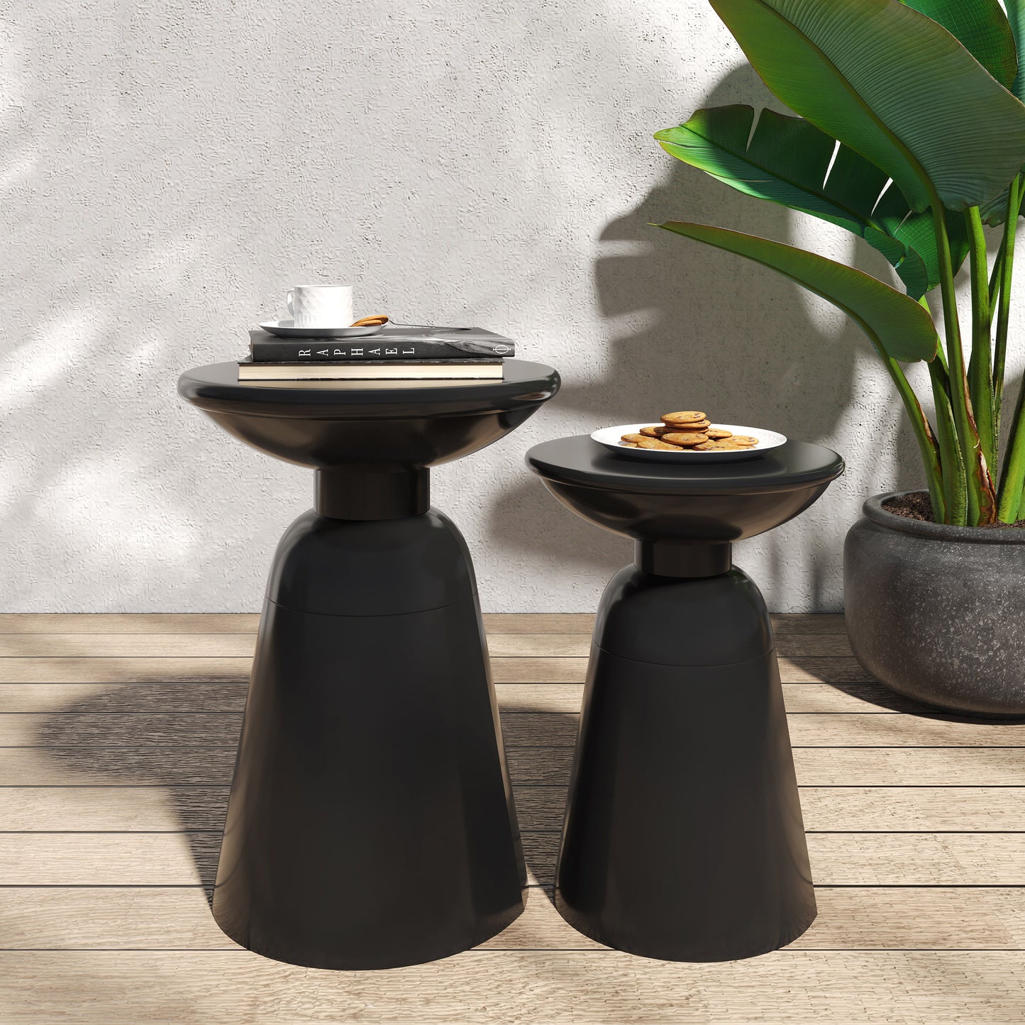 Serenita - Outdoor Iron Side Tables With Flared Design, (Set of 2) - Black