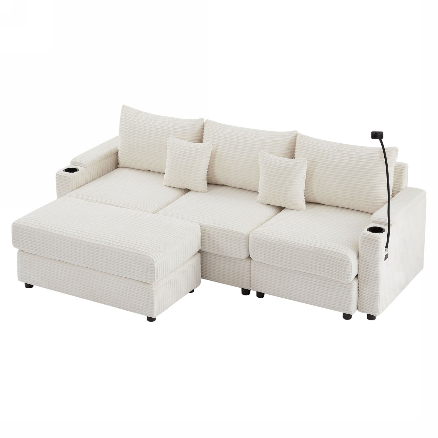 Modern Style 3 Seater Sofa Sectional Sofa Couch With Storage Space, A Movable Ottoman, Two USB Ports, Two Cup Holders, A Phone Holder For Living Room - Beige