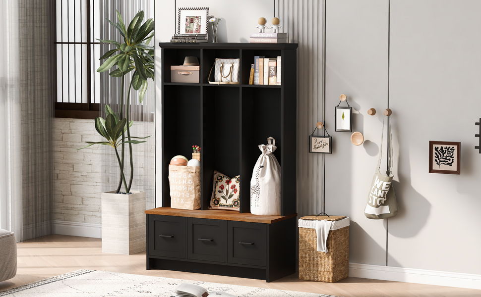 Modern Hall Tree With Entryway Bench, 3 Shelves And Drawers, Wide Hall Tree With Storage Bench For Hallway - Black