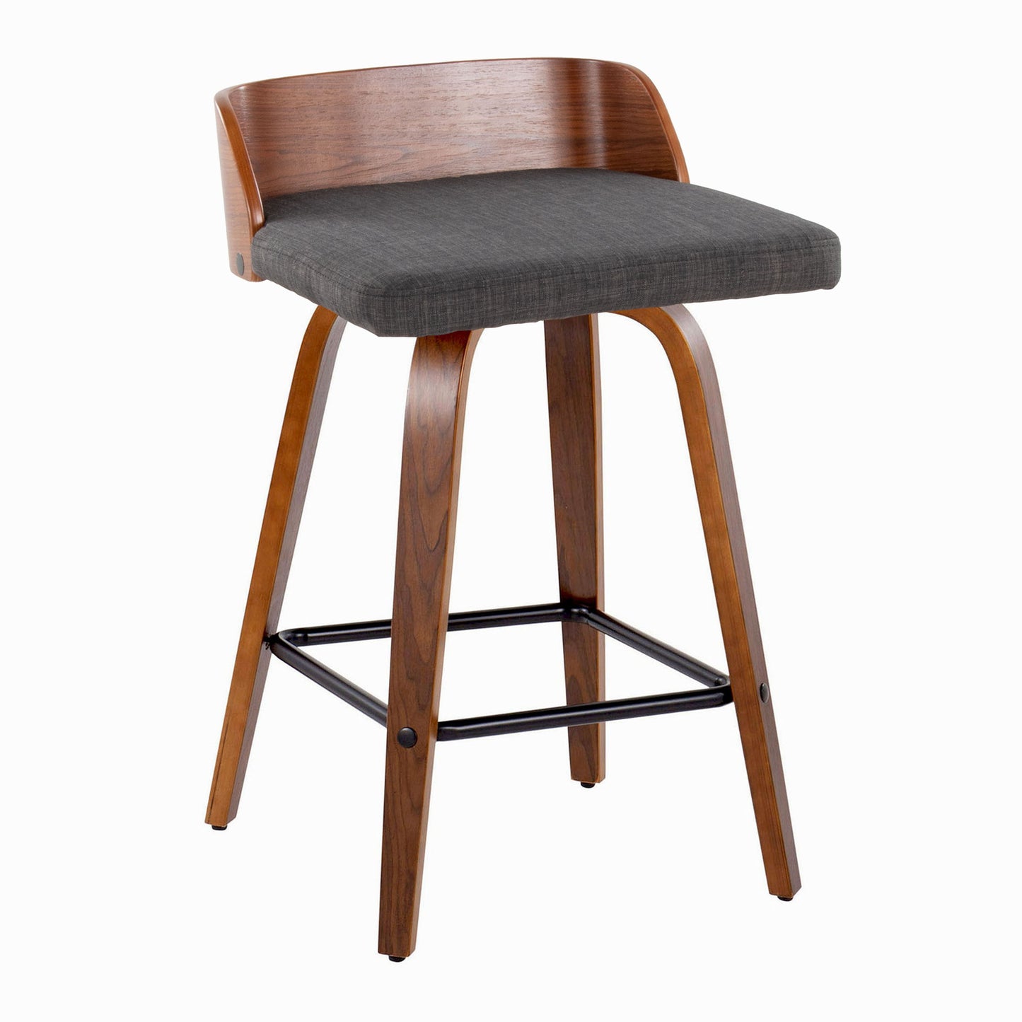 Maya - Mid-Century Modern Fixed Height Counter Stool With Swivel And Square Footrest (Set of 2) - Walnut / Charcoal