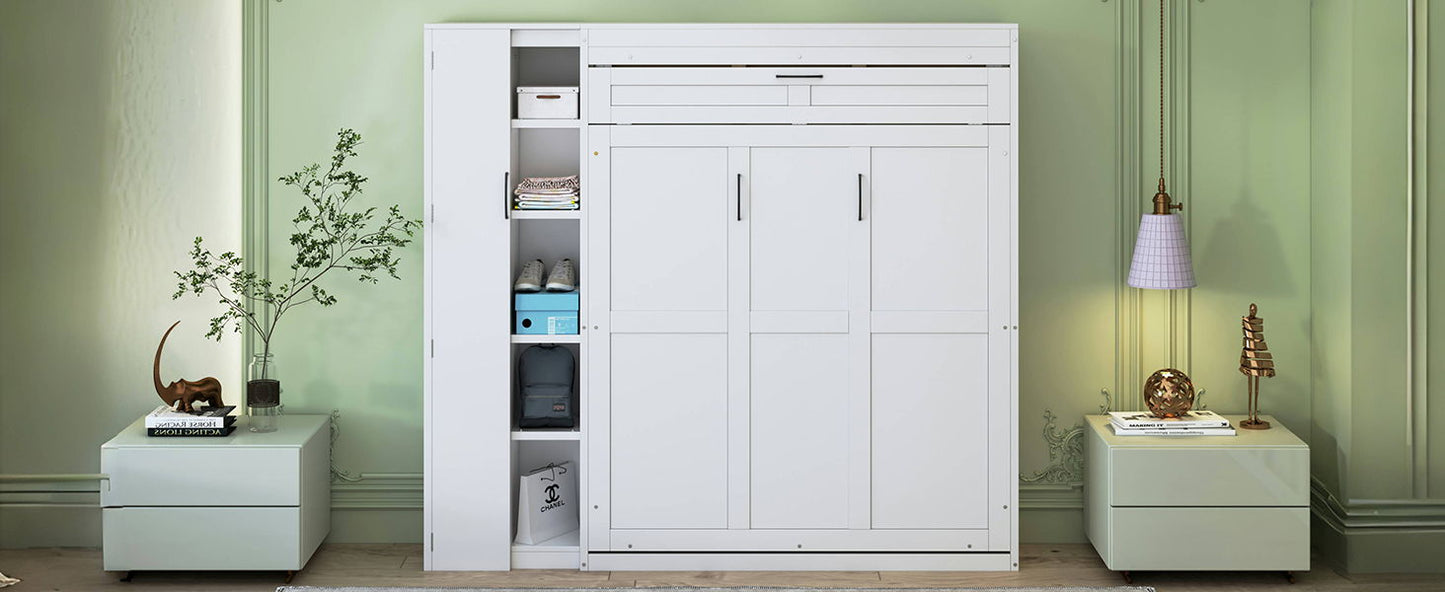 Full Size Murphy Wall Bed With Shelves, Wardrobe And LED Lights - White