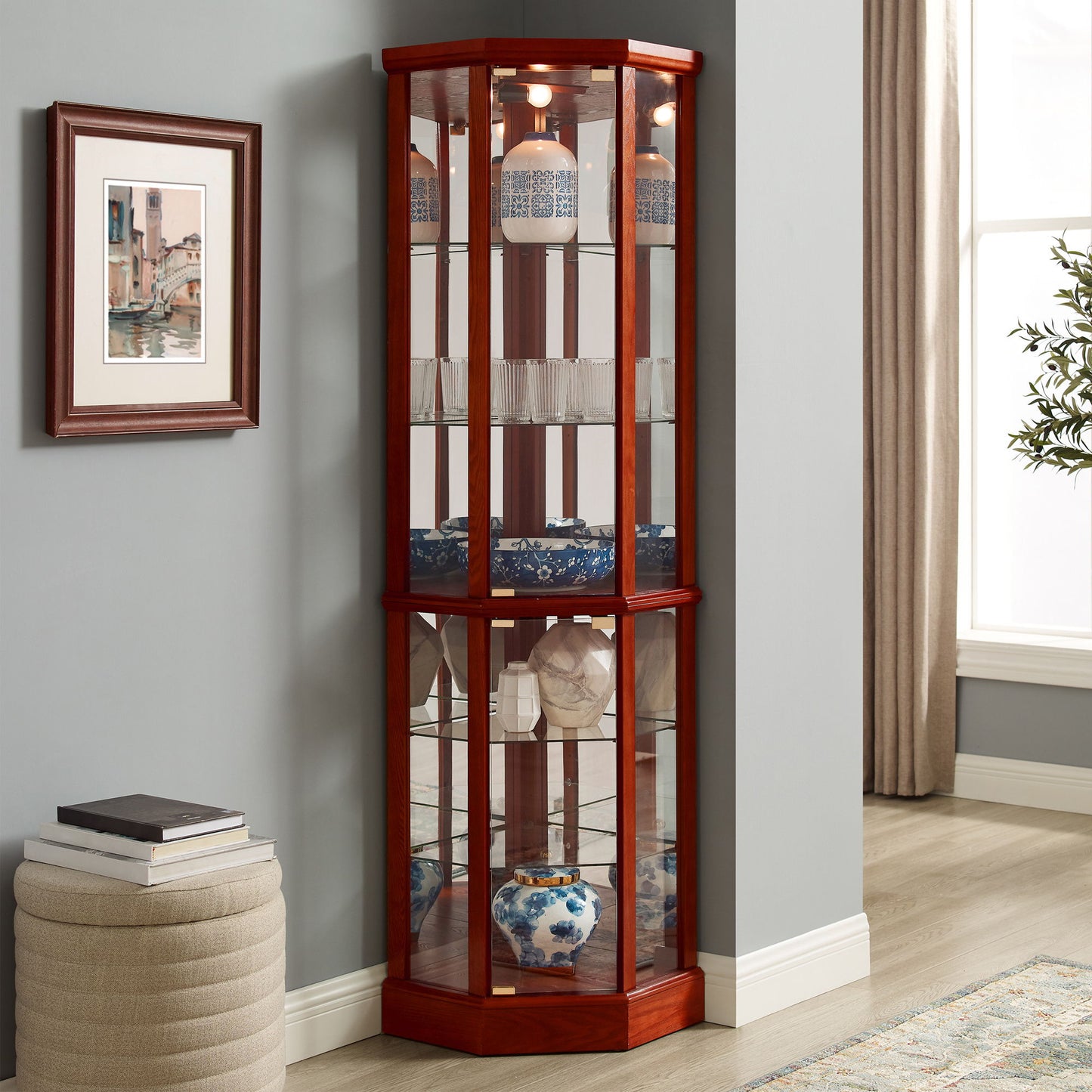 6 Shelf Lighted Corner Curio Cabinet With Adjustable Tempered Glass Shelves And Mirror Back (E26 Light Bulb Not Included) - Cherry
