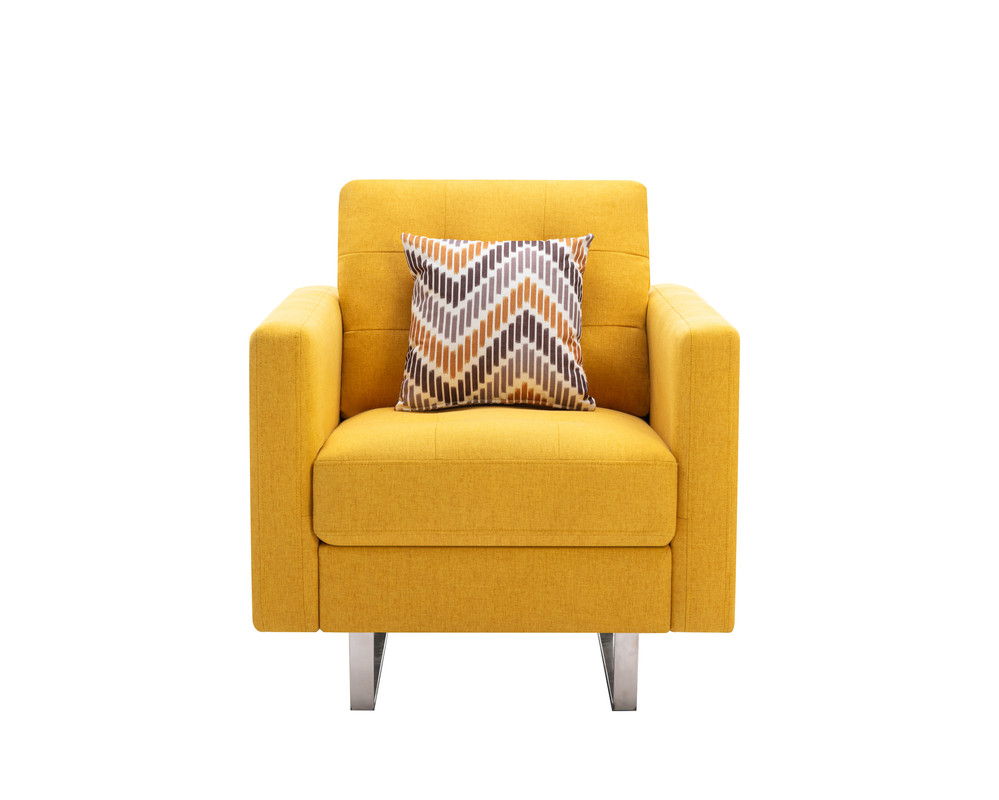 Victoria - Linen Fabric Armchair With Metal Legs, Side Pockets, And Pillow - Yellow