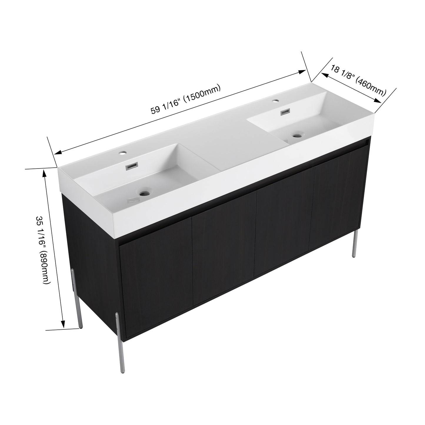 Deluxe 60" Freestanding Bathroom Vanity With Resin Double Sink - Dark Oak