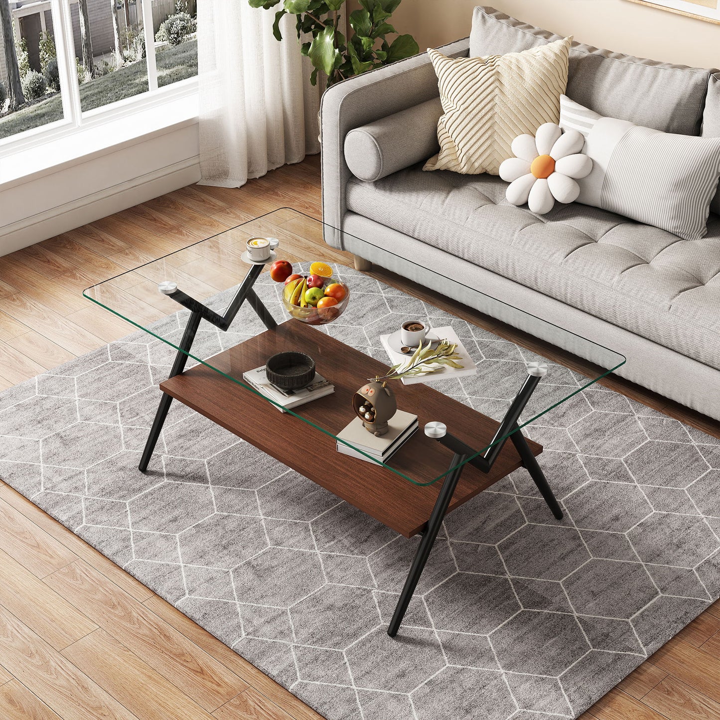 Rectangle Coffee Table With Tempered Glass Top And Metal Legs, Modern Table For Living Room, Transparent Glass - Dark Brown