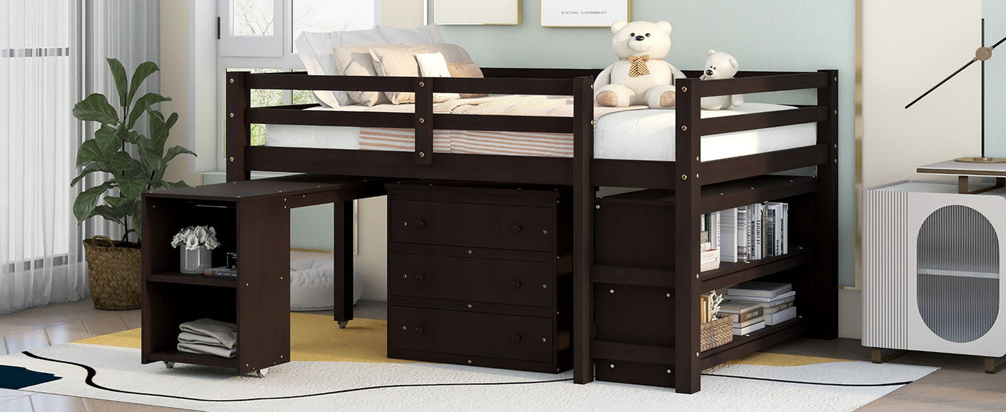 Full Loft Low Study Bed With Cabinet, Shelves And Rolling Portable Desk, Multiple Functions - Espresso