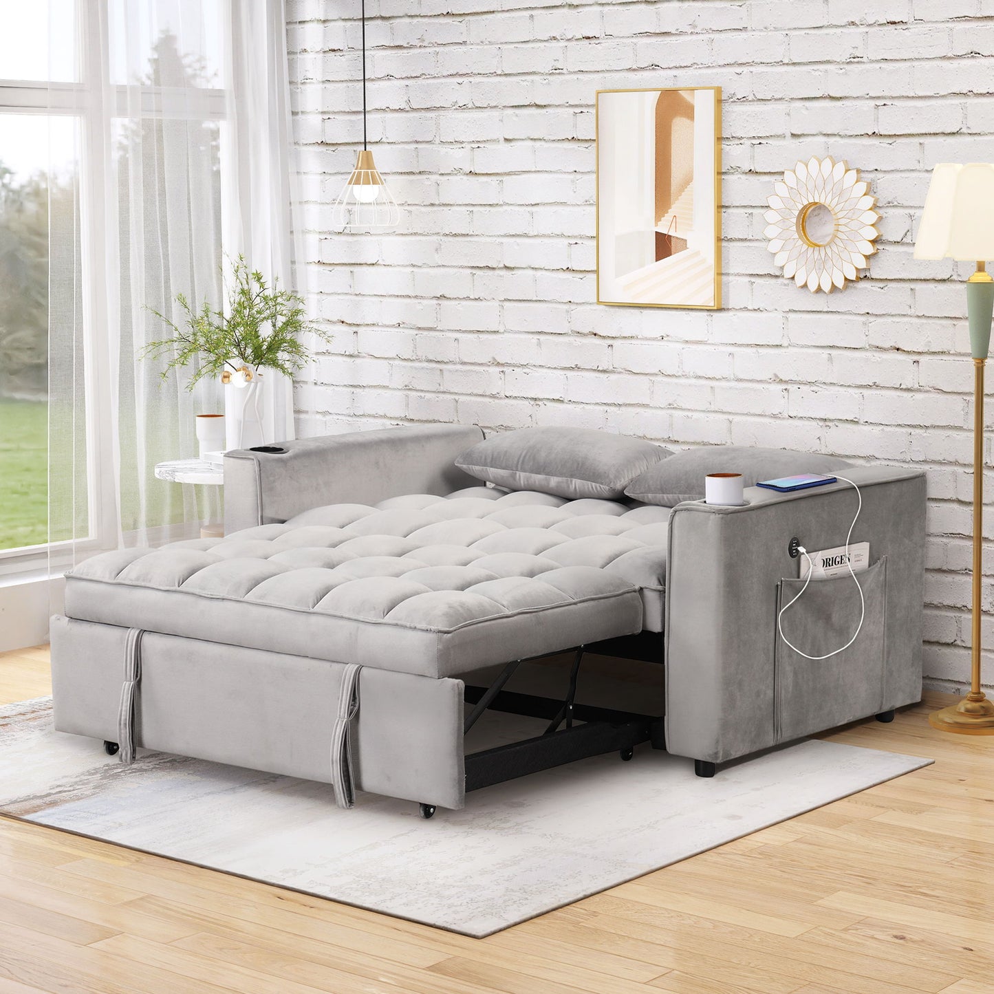 Multi Functional Sofa Bed With Cup Holder And USB Port For Living Room Or Apartments - Gray