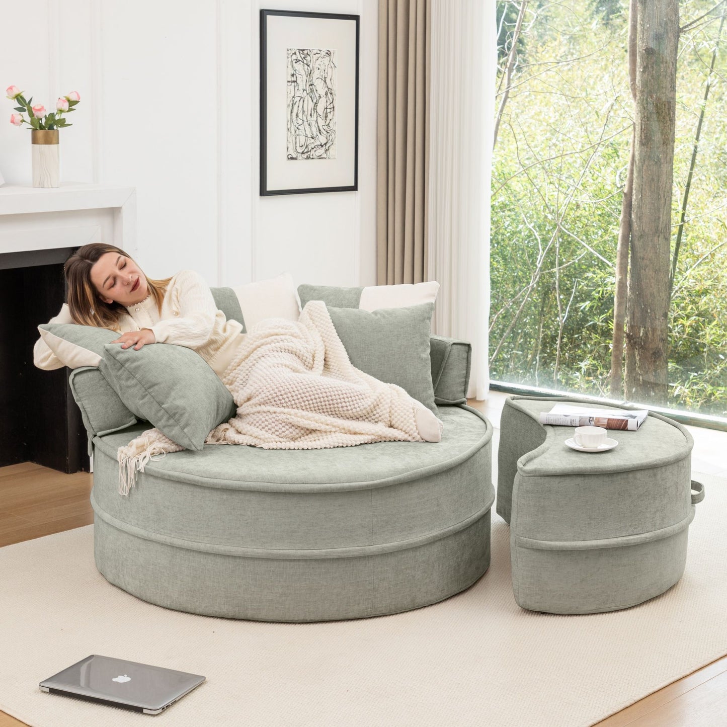 Modern Oversized Round Barrel Accent Chair With Ottoman Velvet Upholstered Lounge Armchair With 5 Pillows For Living Room Or Bedroom - Green