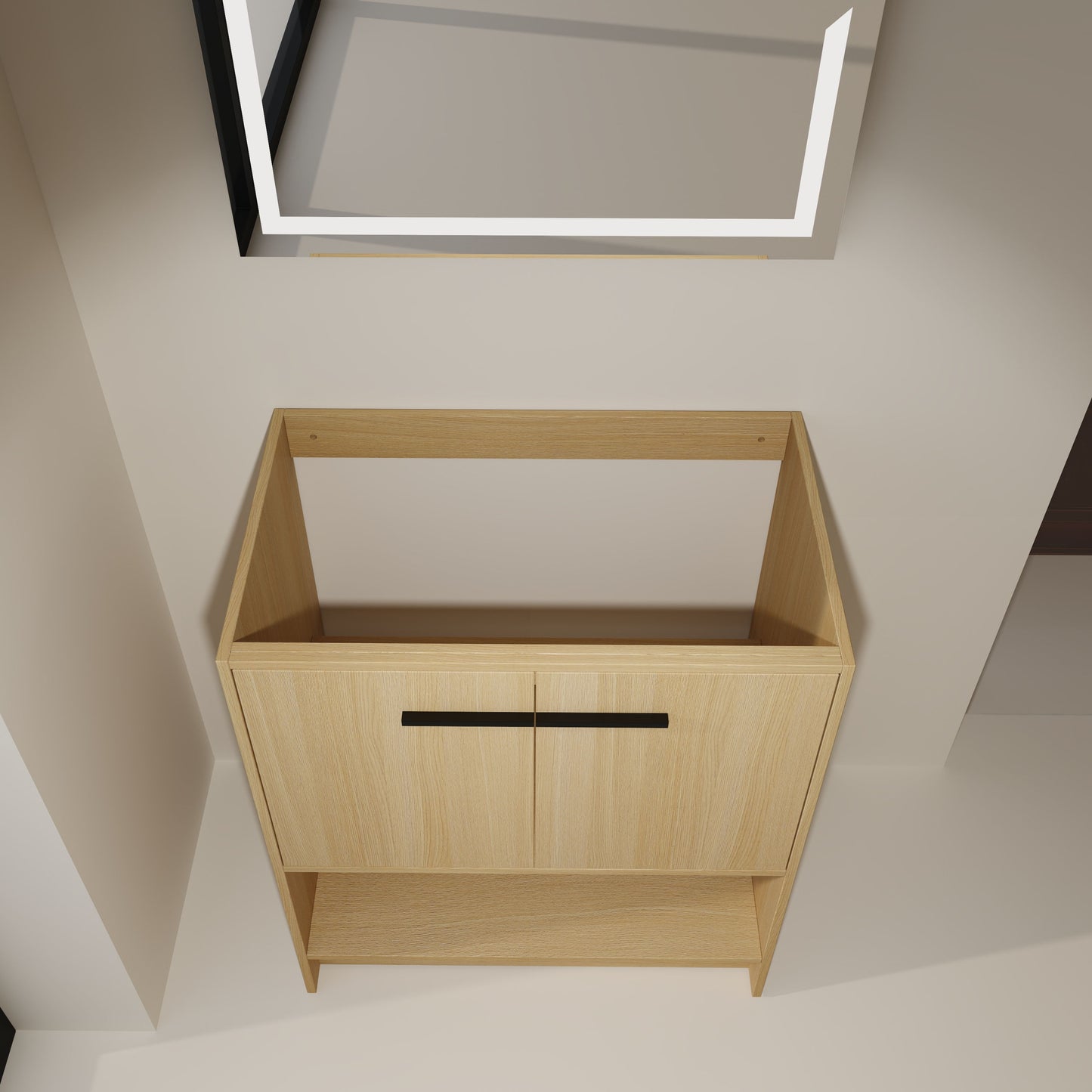 Modern Freestanding 30" Bathroom Vanity With Open Storage Compartment, Construction, Excluding Sink - Oak