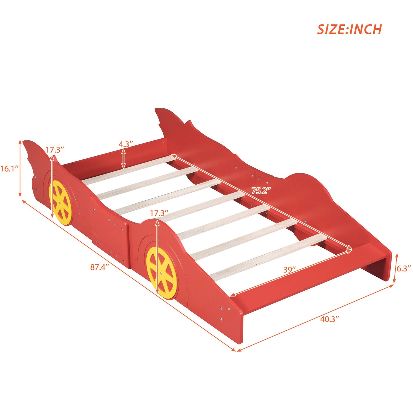Twin Size Platform Bed Race Car Shaped With Wheels - Red