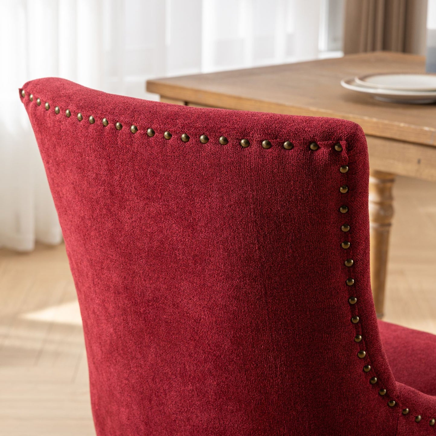 Ultra Side Dining Chair, Thickened Fabric Chairs With Neutrally Toned Solid Wood Legs, Bronze Nail Head (Set of 2) - Wine Red / Burgundy