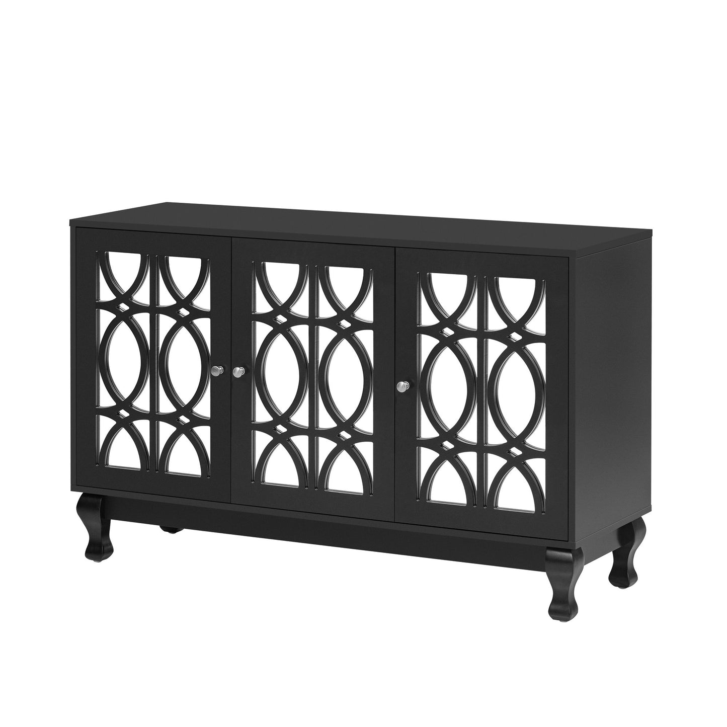 Modern Mirrored TV Stand For TV Up To 55", Entertainment Center Solid Wood Legs, Metal Handle And 3 Adjustable Shelves For Living Room - Black