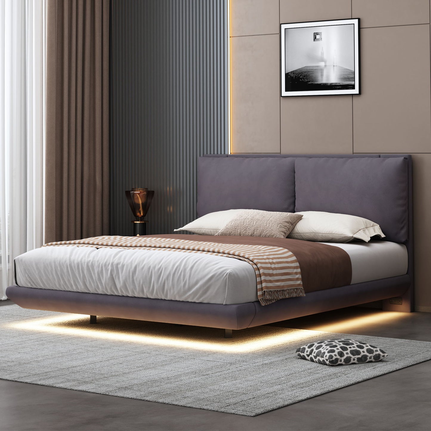 Queen Size Upholstered Platform Bed With Sensor Light And 2 Large Backrests, Stylish Platform Bed With 2 Sets Of USB Port And Socket On Each Rear Bed Leg - Gray