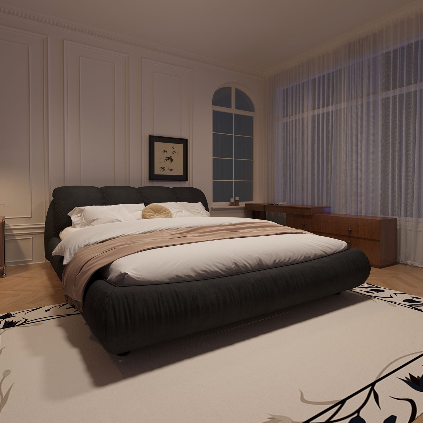 King Size Luxury Upholstered Platform Bed With Oversized Padded Backrest And Solid Wood Frame, Suitable For Multiple Heights Of Mattresses - Black