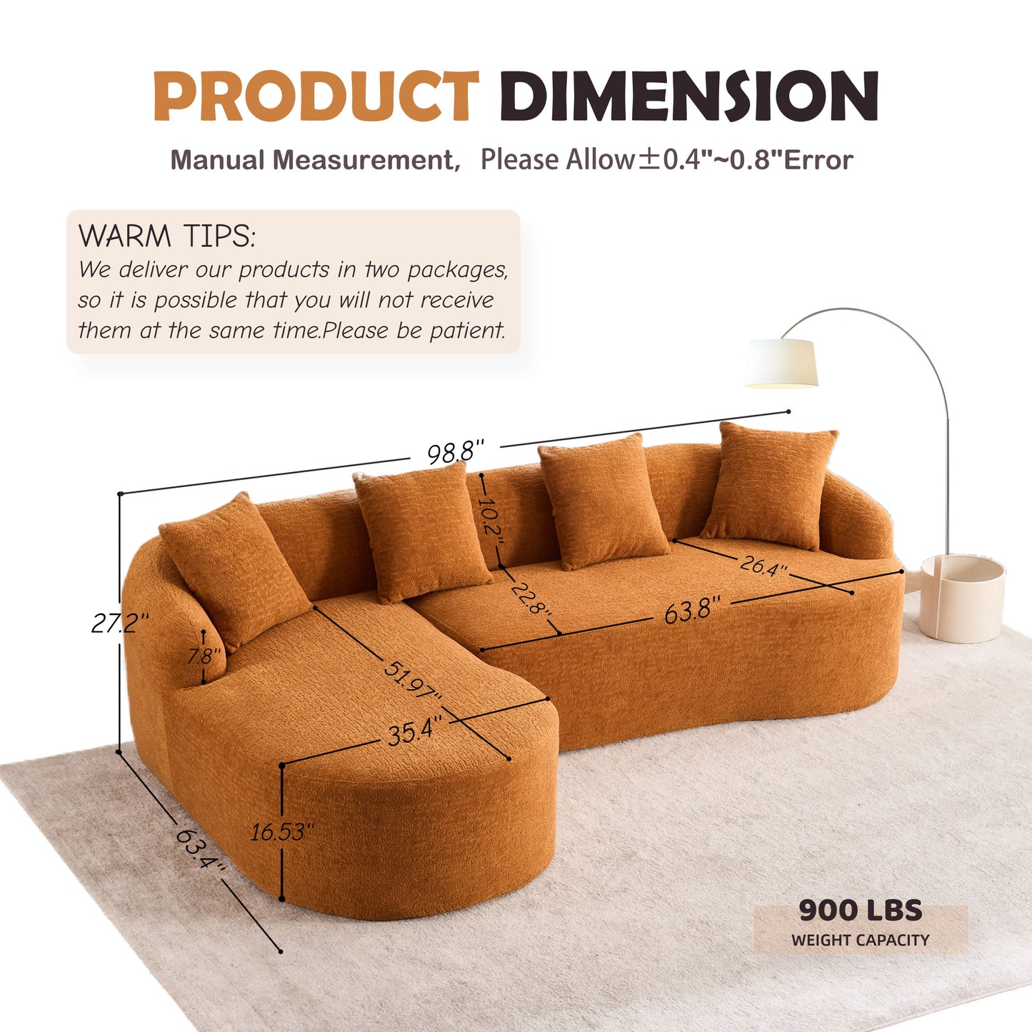 Compression Sofa: Combining Chaise Longue With 3 Seater, Wood Grain Chenille Fabric, Full Sponge Compression Sofa, Combined Sofa With 4 Pillows For Living / Home Furniture / Apartment - Orange
