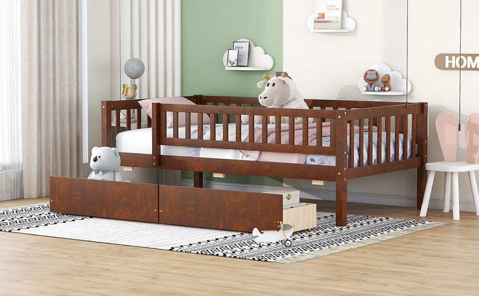 Twin Size Daybed Bed With Two Drawers - Walnut