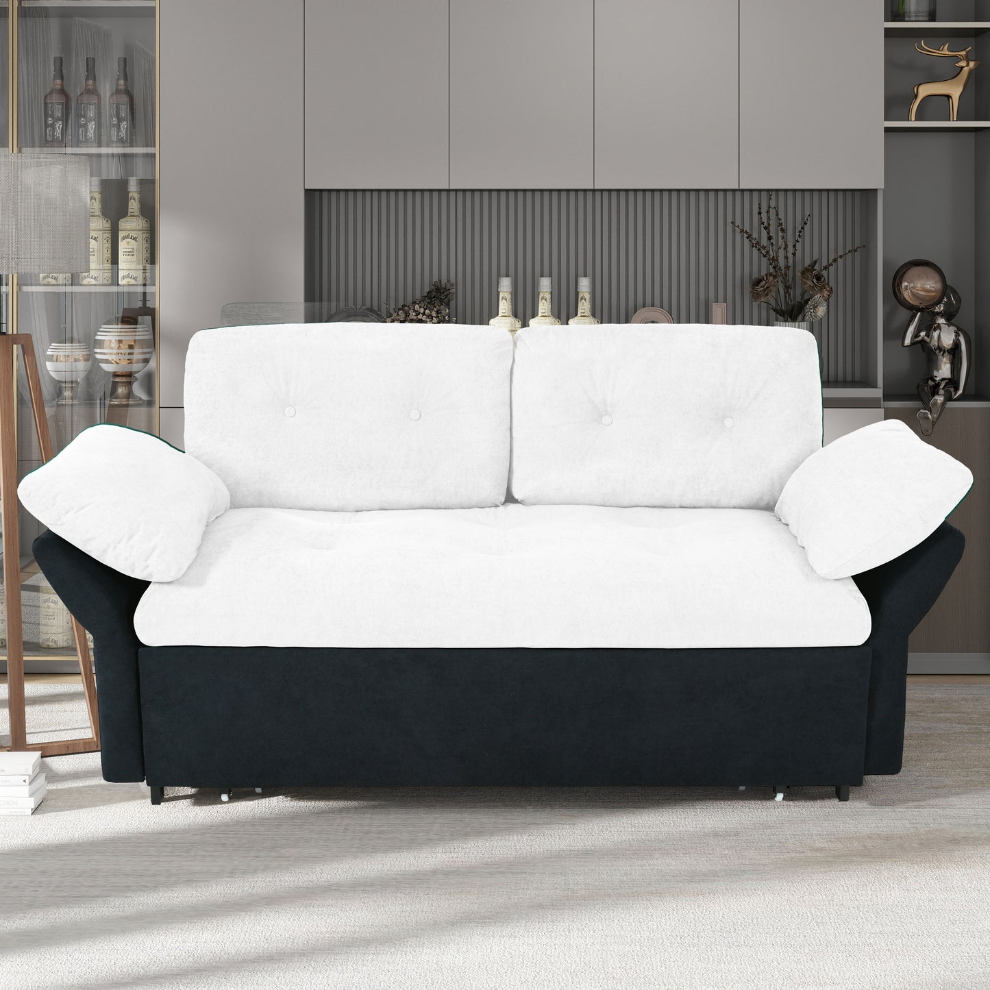 Modern Convertible Sleeper Sofa Bed With Pull Out Queen Design, Side Storage & Thick Cushions Chenille Loveseat For Living Room Or Bedroom 3 In 1 Function - - White
