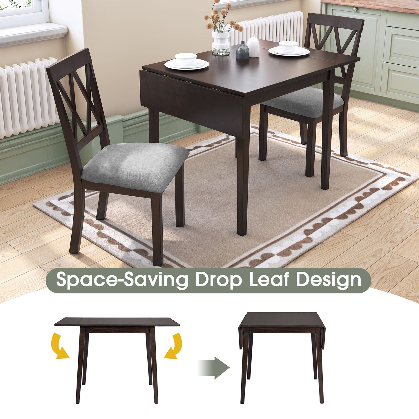 3 Piece Kitchen Dining Set With Drop Leaf Dining Table And 2 Dining Upholstered Chairs, Dining Room Set For Small Places - Espresso