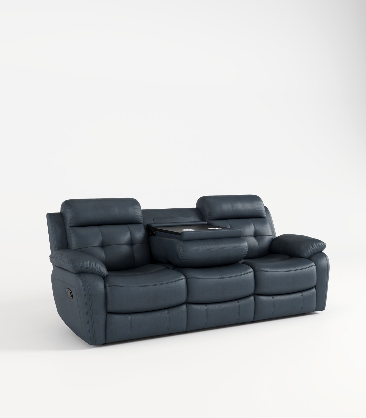 Genuine Leather Non-Power Reclining Sofa With Drop Down Table, Stainless Steel Cupholders And Magazine Bag - Blue