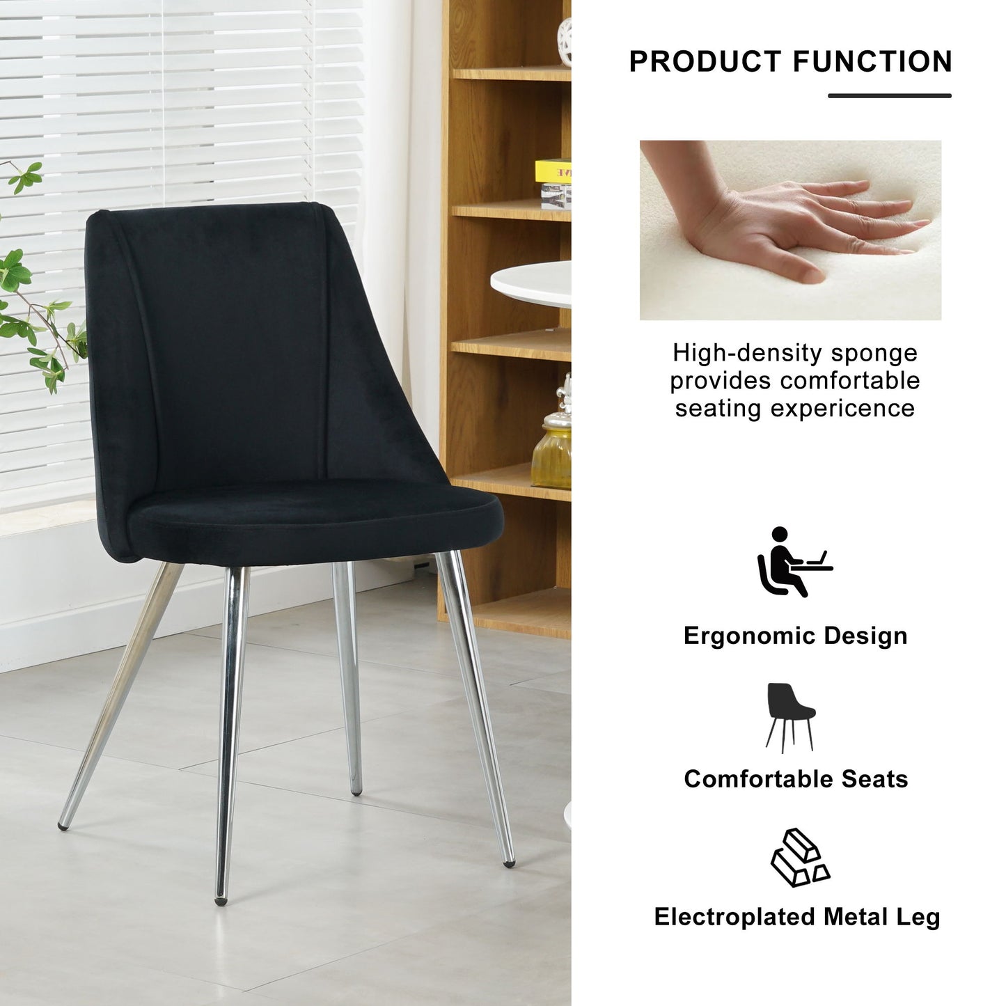 Modern Velvet Dining Chair With Chrome Metal Legs For Home And Office (Set of 4) - Black
