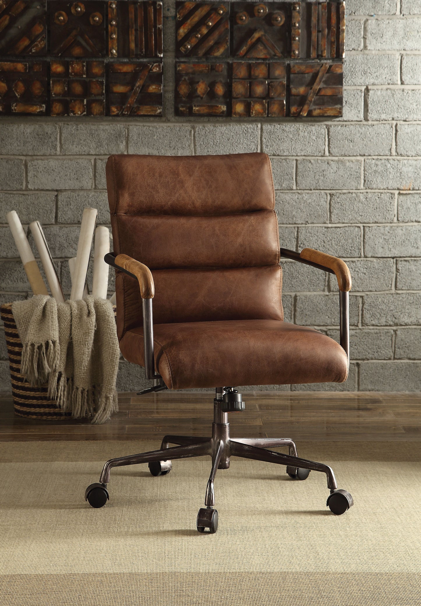 Harith - Retro Top Grain Leather Office Chair - Brown
