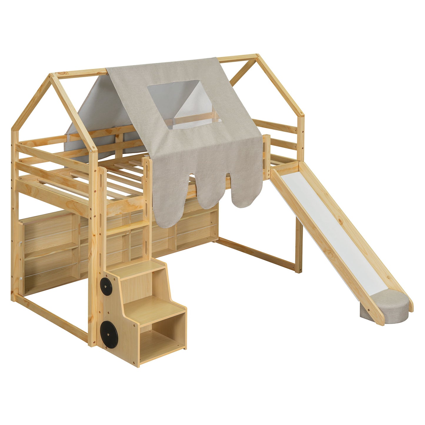 Twin Size Loft Bed With House Shaped Frame And Tent - Natural / Beige