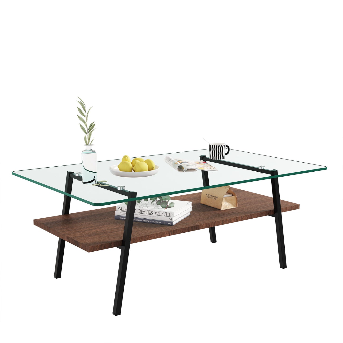 Rectangle Coffee Table, Tempered Glass Tabletop With Metal Legs, Modern Table For Living Room, Transparent Glass - Dark Brown