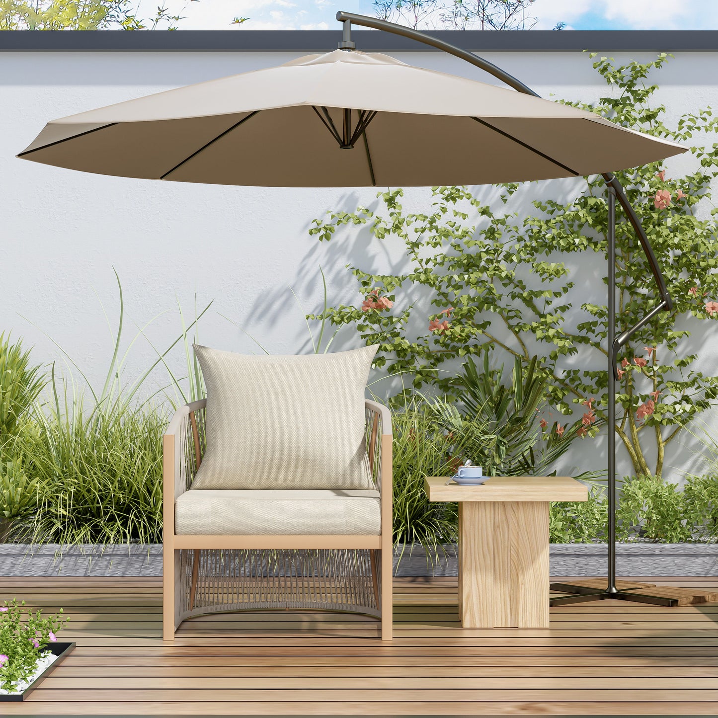 Modern Lounge Chair With Curved Aluminum Frame, Rope Weave Design, And Cushioned Comfort For Outdoor Living - Beige / Natural