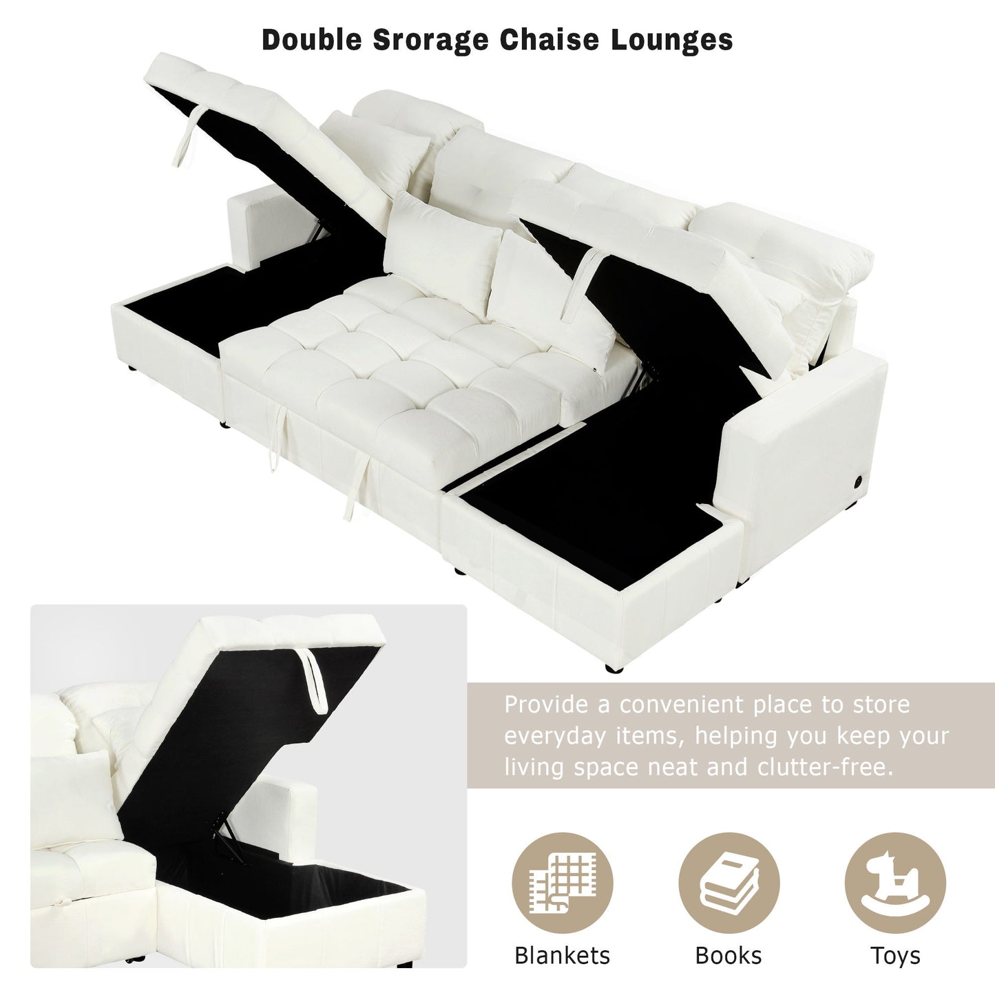Oversized U - Shaped Sofa Versatile Sectional Sofa Pull Out Sofa Bed With Double Storage Chaise Lounges And 2 USB Ports For Living Room - Beige