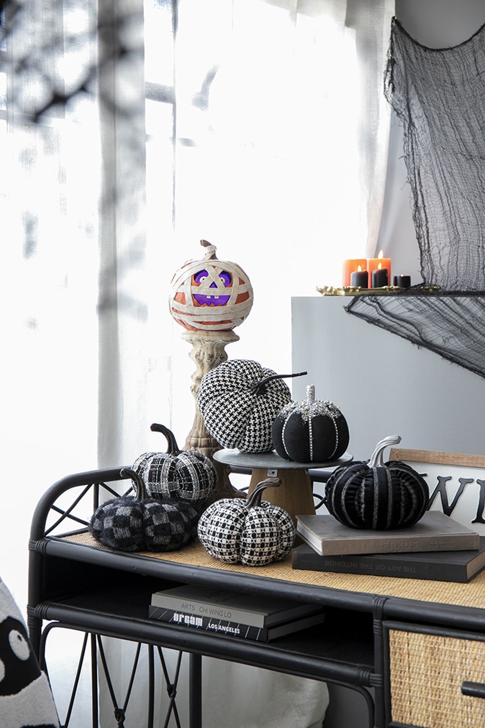 Plaid Pumpkin Decor, For Holiday Halloween Decoration (Set of 2) - Black / White