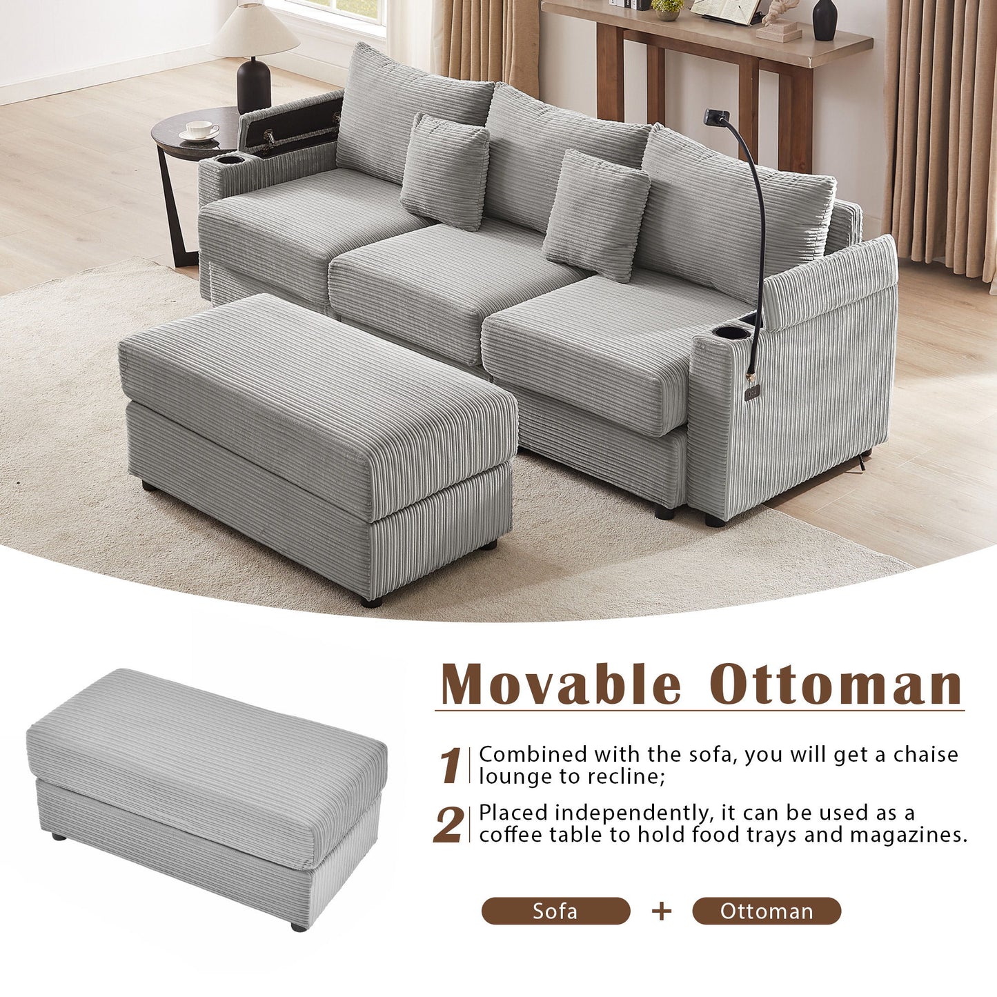 Modern Style 3 - Seater Sofa Sectional Sofa Couch With Storage Space, A Movable Ottoman, Two USB Ports, Two Cup Holders, A Phone Holder For Living Room - Gray