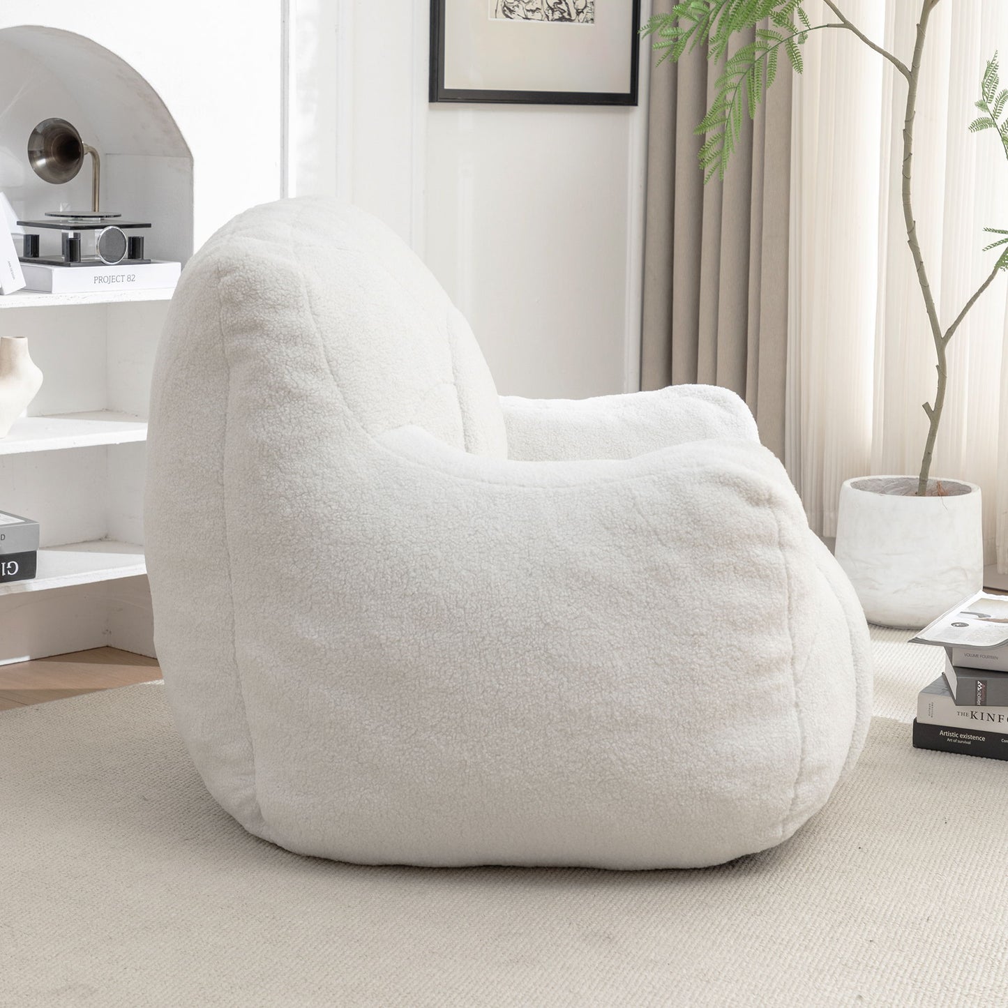 Comfy Bean Bag Chair With Filler, Tufted Memory Foam Sofa Teddy Fabric, Fluffy And Cozy Seating For Dorm, Apartment, Or Living Room - White