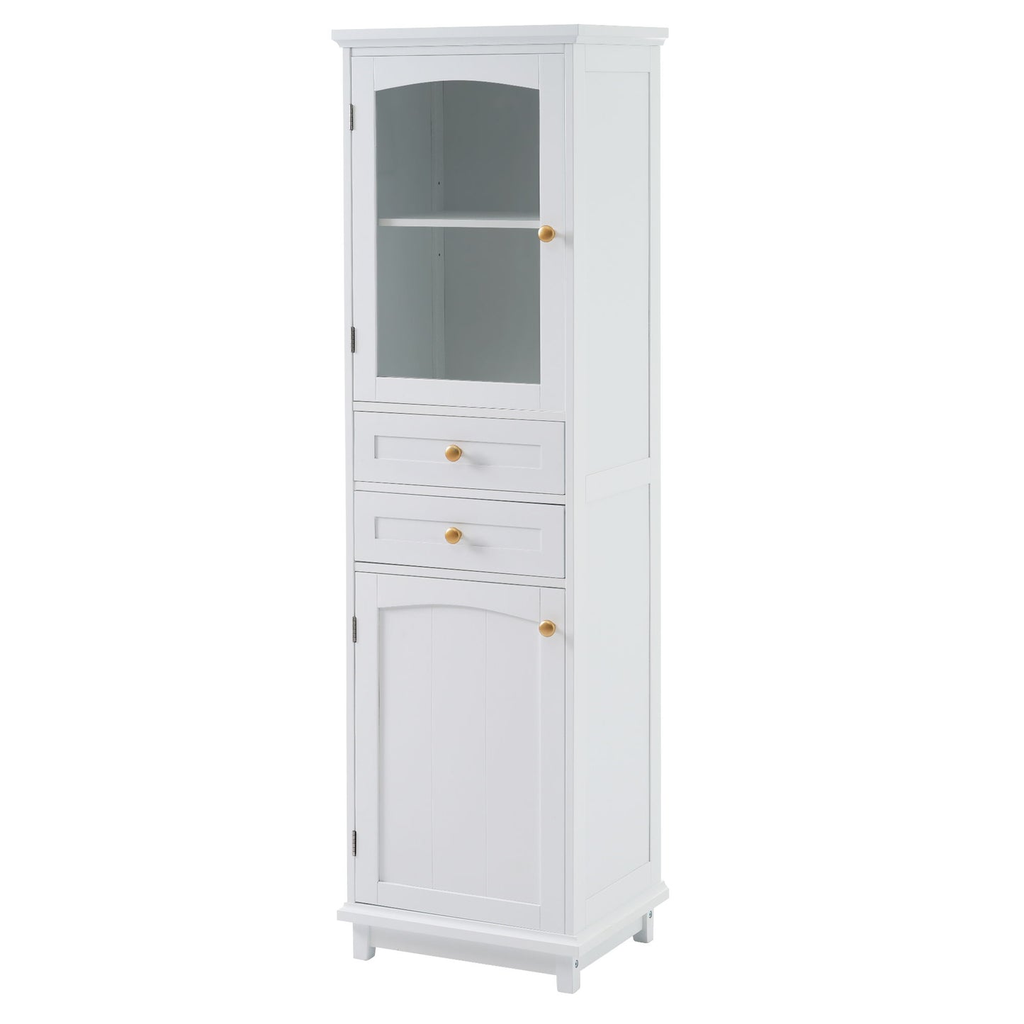 Tall Bathroom Storage Cabinet With Glass Doors, Free-Standing, Two Drawers, And Adjustable Shelves, MDF Board, Painted Perfect For Displaying Your Favorite Items - White