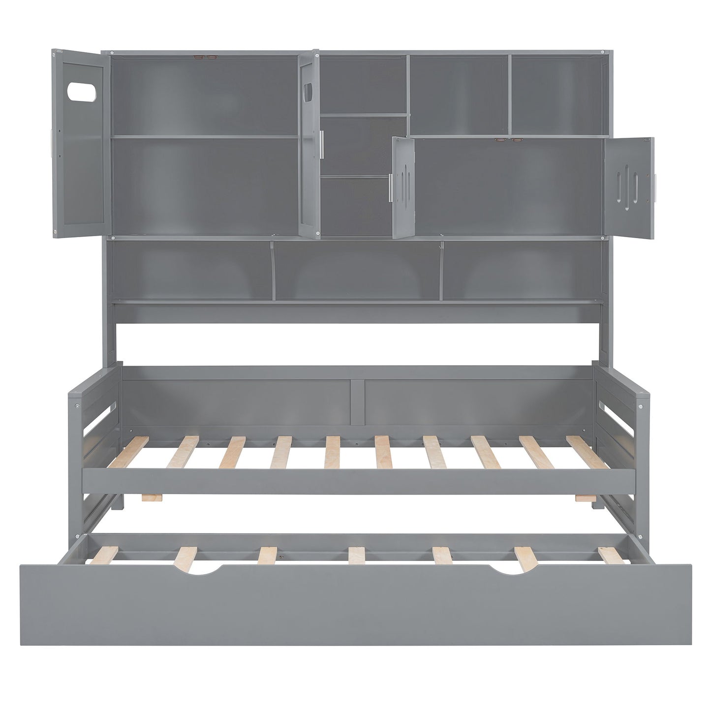 Twin Size Daybed With Twin Size Trundle, And All In One Cabinet And Shelf - Gray